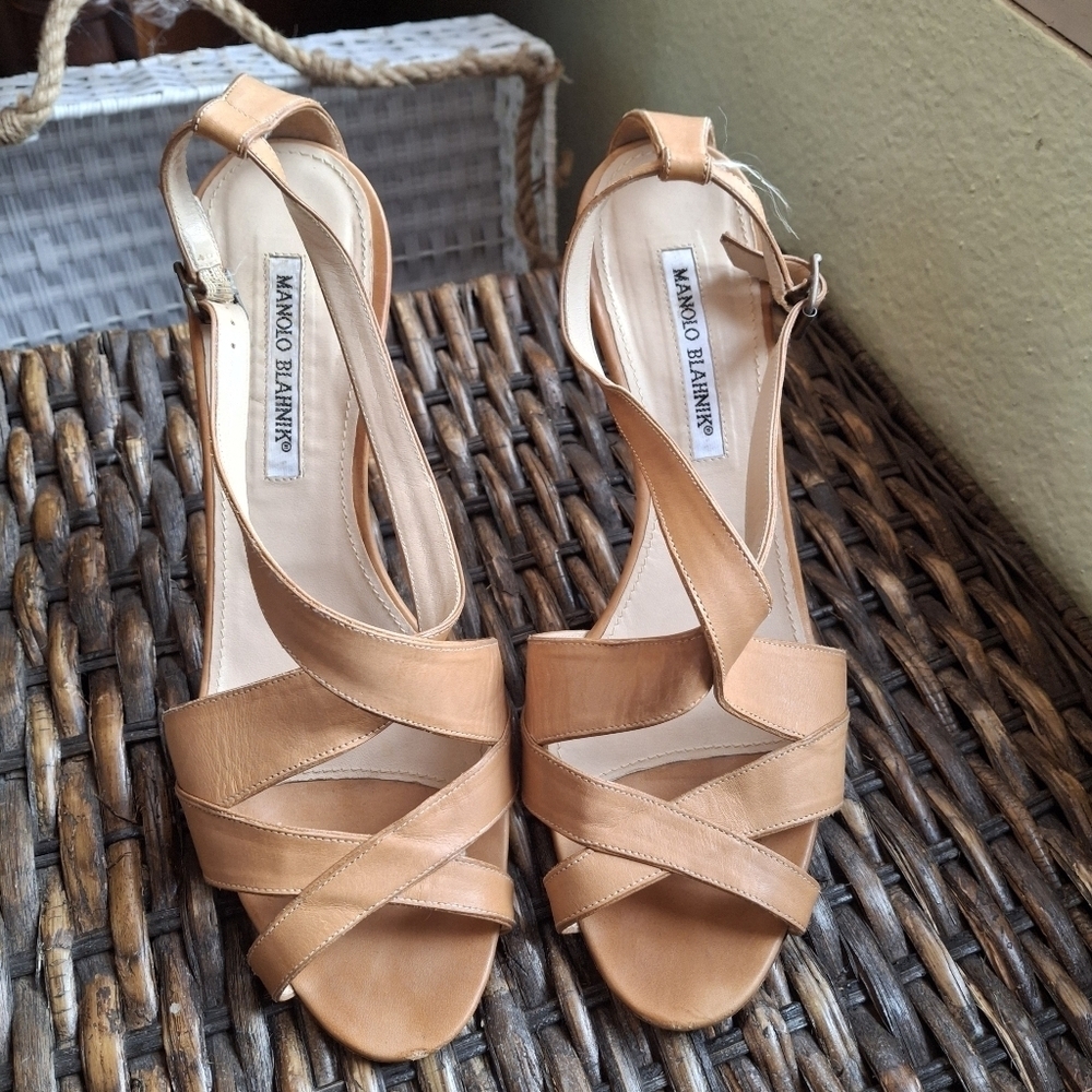 Manolo Blahnik Brown Leather Multistrap Slingback Shoes Italy Women Size 40.5 IT